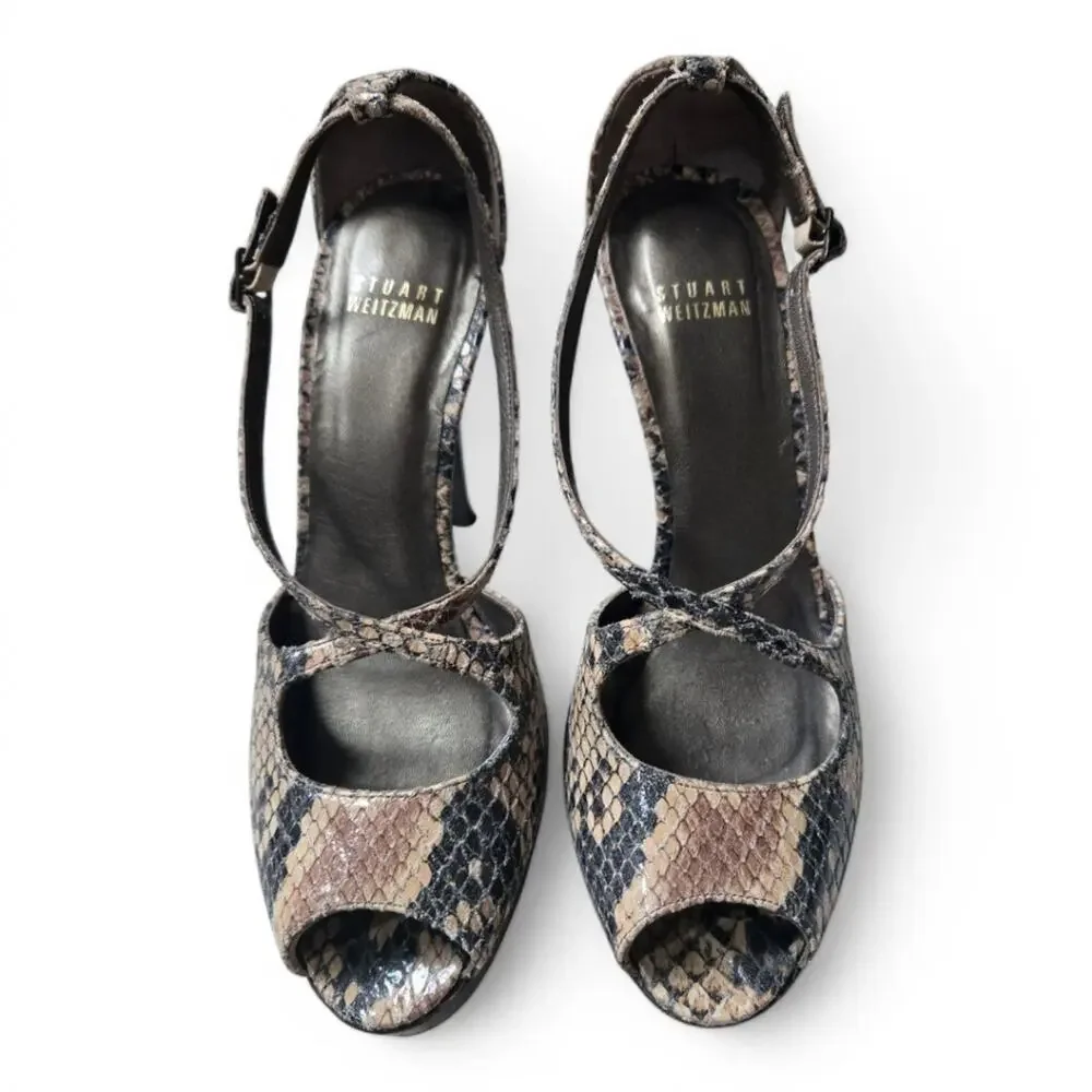 Stuart Weitzman Snakeskin Embossed Leather Peep Toe Stroppy Heels Size 6.5 Tan
